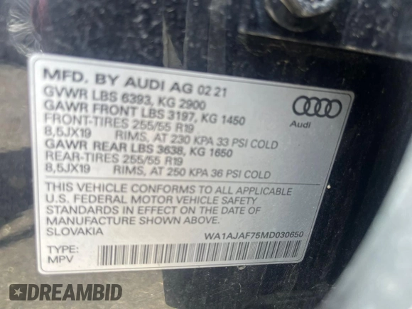 2021 Audi Q7 Premium with VIN WA1AJAF75MD030650, listed as a Copart auction lot 64444065 with 121,216 mi miles and Clean title. Bid and sale history available at DreamBid. Image 10.