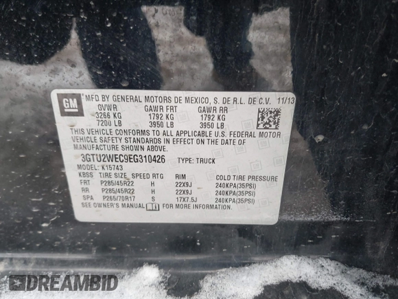 2014 GMC Sierra 1500 Denali z VIN 3GTU2WEC9EG310426, wystawiony jako IAAI lot #41616941 z przebiegiem 115 808 mil mil oraz . Historia ofert i sprzedaży dostępna na DreamBid. Obrazek 9.