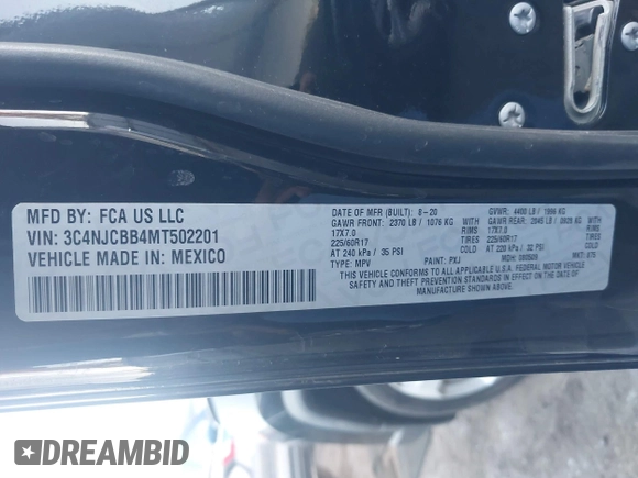 2021 Jeep Compass Altitude с VIN 3C4NJCBB4MT502201, выставлен на аукционе IAAI как лот 40909450 с пробегом 128 168 миль миль и . История ставок и продаж доступна на DreamBid. Изображение 9.