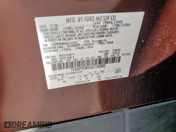 2010 Ford Taurus Limited with VIN 1FAHP2FW0AG134303, listed as a Copart auction lot 53613505 with 170,967 mi miles and Clean title. Bid and sale history available at DreamBid. Image 12.