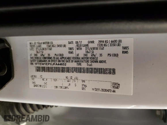 2018 Ford F-150 XL with VIN 1FTEW1EPXJFA44652, listed as a Copart auction lot 58329735 with 98,054 mi miles and Salvage title. Bid and sale history available at DreamBid. Image 12.