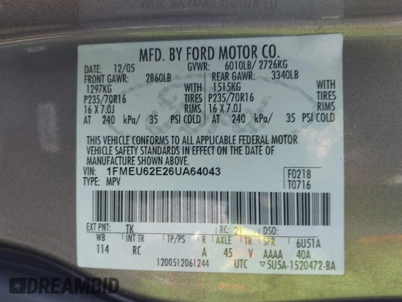 2006 Ford Explorer XLS with VIN 1FMEU62E26UA64043, listed as a IAAI auction lot 41878093 with 124,675 mi miles and . Bid and sale history available at DreamBid. Image 9.