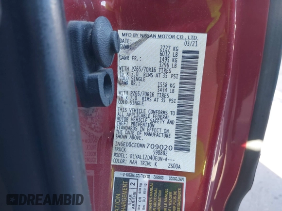 2021 Nissan Frontier S z VIN 1N6ED0CE0MN709020, wystawiony jako IAAI lot #41402633 z przebiegiem 47 022 mil mil oraz . Historia ofert i sprzedaży dostępna na DreamBid. Obrazek 9.