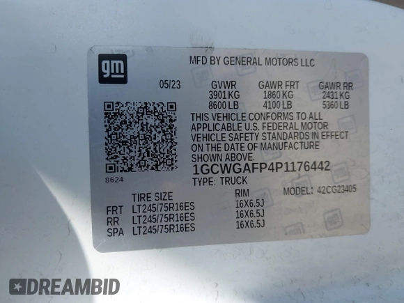2023 Chevrolet Express Cargo with VIN 1GCWGAFP4P1176442, listed as a IAAI auction lot 42109509 with 42,680 mi miles and . Bid and sale history available at DreamBid. Image 9.