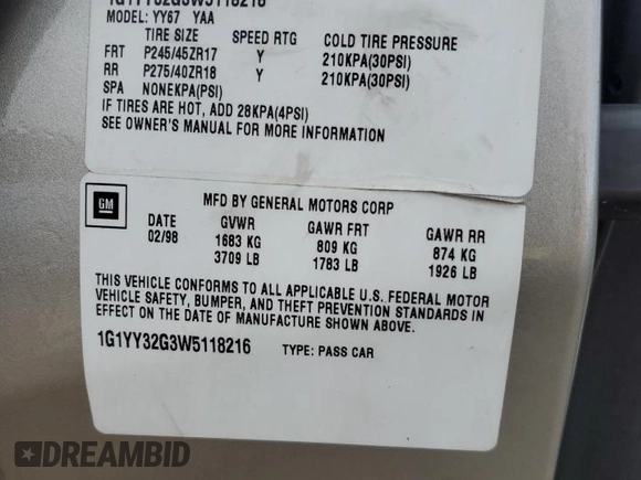 1998 Chevrolet Corvette with VIN 1G1YY32G3W5118216, listed as a Copart auction lot 87035104 with 85,185 mi miles and Salvage Title. Bid and sale history available at carsss.com. Image 14.