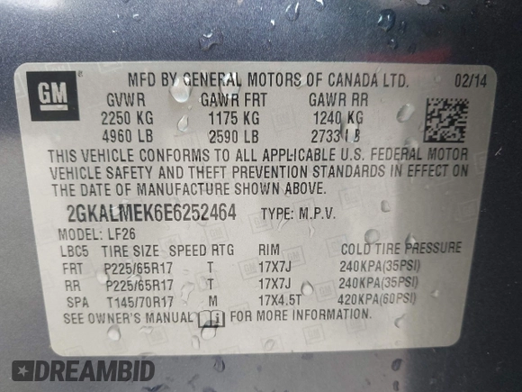 2014 GMC Terrain SLE with VIN 2GKALMEK6E6252464, listed as a IAAI auction lot 42159676 with 105,066 mi miles and . Bid and sale history available at DreamBid. Image 9.