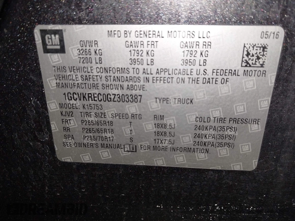 2016 Chevrolet Silverado 1500 LT with VIN 1GCVKREC0GZ303387, listed as a IAAI auction lot 41978237 with 123,692 mi miles and . Bid and sale history available at DreamBid. Image 9.