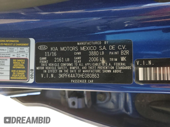 2017 Kia Forte LX with VIN 3KPFK4A70HE080863, listed as a Copart auction lot 85850544 with 37,688 mi miles and Salvage Title. Bid and sale history available at carsss.com. Image 12.