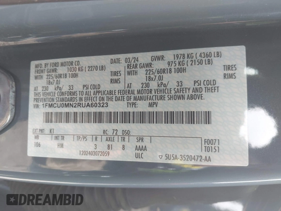 2024 Ford Escape ST-Line with VIN 1FMCU0MN2RUA60323, listed as a IAAI auction lot 41991359 with 24,695 mi miles and . Bid and sale history available at DreamBid. Image 9.