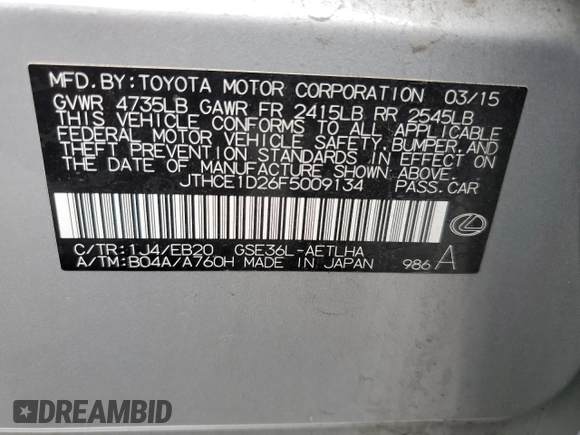 2015 Lexus IS 350 with VIN JTHCE1D26F5009134, listed as a Copart auction lot 52775215 with Not provided miles and Clean title. Bid and sale history available at DreamBid. Image 12.