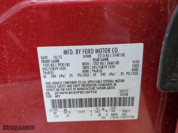 2015 Ford Edge Titanium with VIN 2FMPK4K93FBC20702, listed as a Copart auction lot 49304305 with 0 mi miles and Salvage Title. Bid and sale history available at carsss.com. Image 13.