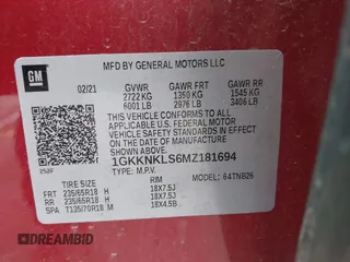 2021 GMC Acadia SLE with VIN 1GKKNKLS6MZ181694, listed as a IAAI auction lot 41536653 with 120,710 mi miles and . Bid and sale history available at DreamBid. Image 9.