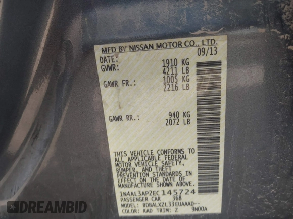 2014 Nissan Altima SL with VIN 1N4AL3AP2EC145724, listed as a IAAI auction lot 41785403 with 241,613 mi miles and . Bid and sale history available at DreamBid. Image 9.