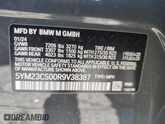 2024 BMW XM z VIN 5YM23CS00R9V38387, wystawiony jako Copart lot #86828434 z przebiegiem Nie podano mil oraz Szkody całkowita. Historia ofert i sprzedaży dostępna na DreamBid. Obrazek 15.