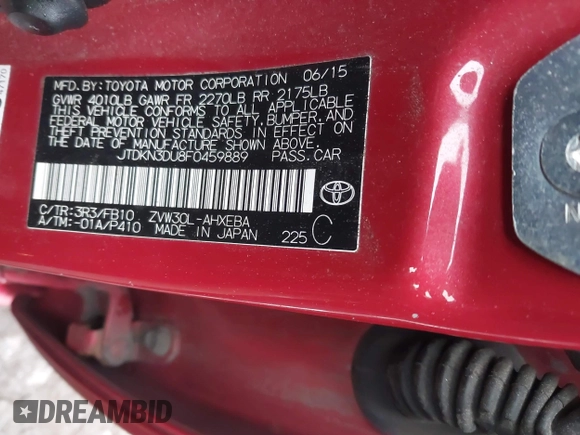 2015 Toyota Prius Four with VIN JTDKN3DU8F0459889, listed as a IAAI auction lot 41532104 with 293,249 mi miles and . Bid and sale history available at DreamBid. Image 9.