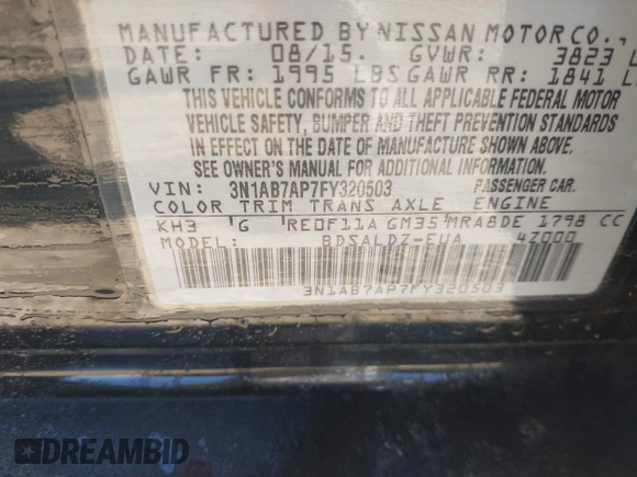 2015 Nissan Sentra S with VIN 3N1AB7AP7FY320503, listed as a IAAI auction lot 41899135 with 199,262 mi miles and . Bid and sale history available at DreamBid. Image 9.