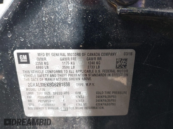 2016 GMC Terrain SLE with VIN 2GKALMEK8G6281838, listed as a IAAI auction lot 42090606 with 120,346 mi miles and . Bid and sale history available at carsss.com. Image 9.