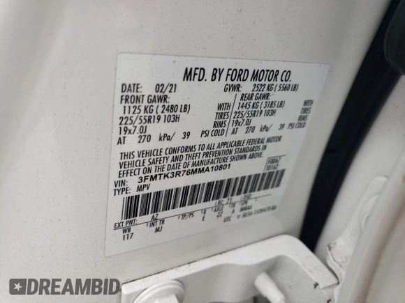 2021 Ford Mustang Mach-E Premium with VIN 3FMTK3R76MMA10801, listed as a Copart auction lot 51052175 with 178,382 mi miles and Salvage title. Bid and sale history available at DreamBid. Image 15.