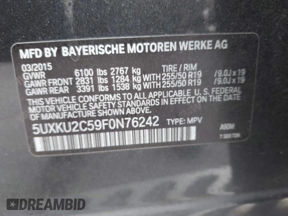 2015 BMW X6 xDrive35i z VIN 5UXKU2C59F0N76242, wystawiony jako IAAI lot #41714644 z przebiegiem 170 851 mil mil oraz . Historia ofert i sprzedaży dostępna na DreamBid. Obrazek 9.