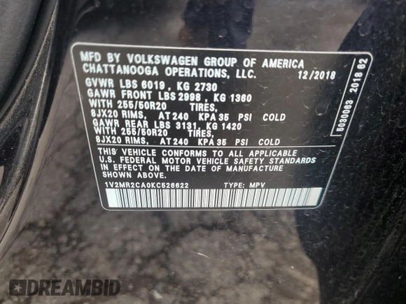 2019 Volkswagen Atlas SEL with VIN 1V2MR2CA0KC526622, listed as a Copart auction lot 58791515 with 65,157 mi miles and Salvage title. Bid and sale history available at DreamBid. Image 13.
