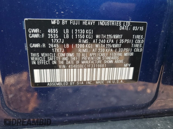 2015 Subaru Outback Premium с VIN 4S4BSBEC1F3319881, выставлен на аукционе Copart как лот 60131315 с пробегом 137 632 миль миль и Списание • Salvage title. История ставок и продаж доступна на DreamBid. Изображение 13.