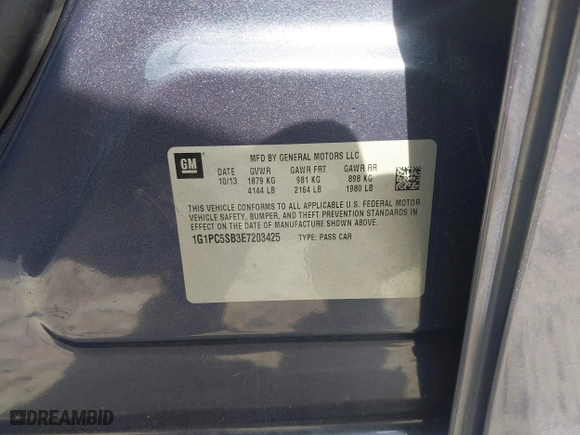 2014 Chevrolet Cruze 1LT with VIN 1G1PC5SB3E7203425, listed as a IAAI auction lot 38003251 with 167,575 mi miles. Bid and sale history available at carsss.com. Image 9.