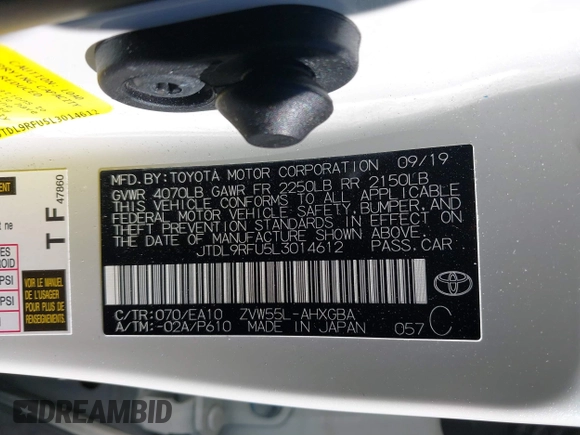 2020 Toyota Prius LE with VIN JTDL9RFU5L3014612, listed as a IAAI auction lot 41366027 with 50,153 mi miles and . Bid and sale history available at DreamBid. Image 9.
