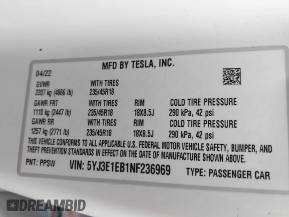 2022 Tesla Model 3 Long Range with VIN 5YJ3E1EB1NF236969, listed as a IAAI auction lot 41525117 with 24,215 mi miles and . Bid and sale history available at DreamBid. Image 9.