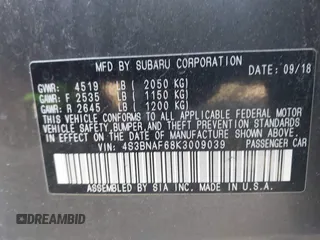 2019 Subaru Legacy Premium with VIN 4S3BNAF68K3009039, listed as a IAAI auction lot 41895951 with 65,142 mi miles and . Bid and sale history available at DreamBid. Image 9.