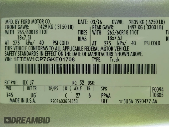 2016 Ford F-150 XL with VIN 1FTEW1CP7GKE01708, listed as a IAAI auction lot 42224770 with 253,191 mi miles and . Bid and sale history available at DreamBid. Image 9.