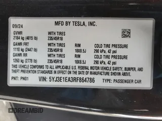 2024 Tesla Model 3 z VIN 5YJ3E1EA3RF864786, wystawiony jako Copart lot #48221855 z przebiegiem 1 750 mil mil oraz Szkoda całkowita • Salvage title. Historia ofert i sprzedaży dostępna na DreamBid. Obrazek 15.