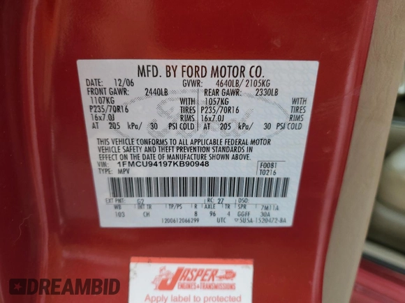 2007 Ford Escape Limited with VIN 1FMCU94197KB90948, listed as a Copart auction lot 89130505 with 181,655 mi miles and Non Repairable. Bid and sale history available at carsss.com. Image 12.