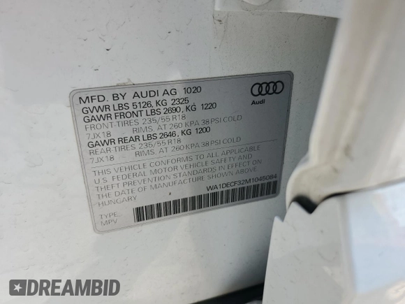 2021 Audi Q3 S line Premium with VIN WA1DECF32M1045084, listed as a Copart auction lot 54657575 with 35,265 mi miles and Salvage Title. Bid and sale history available at DreamBid. Image 12.