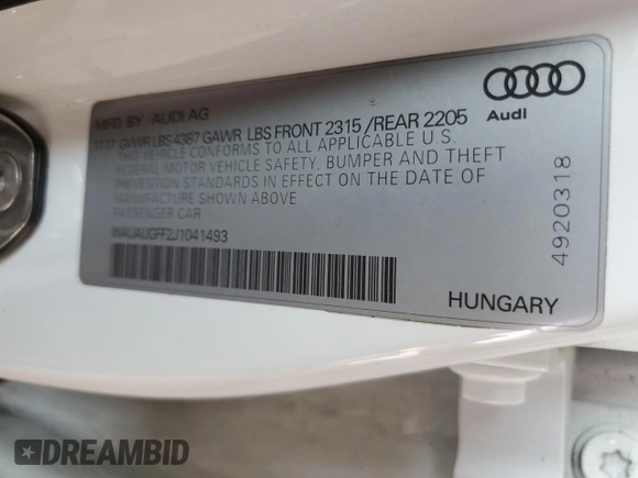 2018 Audi A3 Sedan Premium with VIN WAUAUGFF2J1041493, listed as a Copart auction lot 52236515 with 58,893 mi miles and Salvage Title. Bid and sale history available at carsss.com. Image 14.