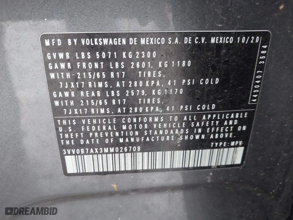 2021 Volkswagen Tiguan S with VIN 3VV0B7AX3MM026708, listed as a IAAI auction lot 41527399 with 80,061 mi miles. Bid and sale history available at carsss.com. Image 9.