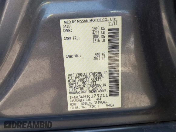 2014 Nissan Altima 2.5 S with VIN 1N4AL3AP3EC173211, listed as a IAAI auction lot 41973278 with 127,024 mi miles. Bid and sale history available at carsss.com. Image 9.