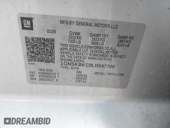 2020 Chevrolet Tahoe LT with VIN 1GNSKBKC9LR247708, listed as a IAAI auction lot 41732270 with Not provided miles and . Bid and sale history available at DreamBid. Image 9.