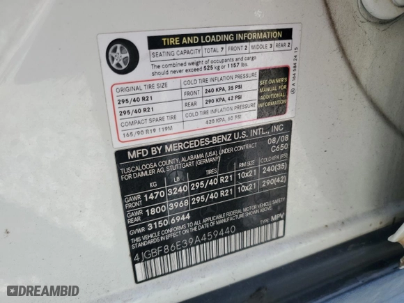 2009 Mercedes-Benz GL-Class 5.5L with VIN 4JGBF86E39A459440, listed as a Copart auction lot 45307035 with 176,328 mi miles and Salvage Title. Bid and sale history available at carsss.com. Image 14.
