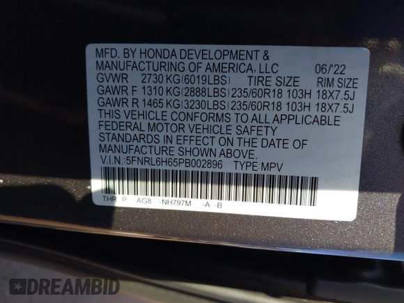 2023 Honda Odyssey EX-L with VIN 5FNRL6H65PB002896, listed as a IAAI auction lot 41559502 with 82,390 mi miles. Bid and sale history available at carsss.com. Image 9.