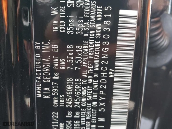 2022 Kia Telluride LX with VIN 5XYP2DHC2NG303815, listed as a Copart auction lot 85500094 with 17,786 mi miles and Salvage Title. Bid and sale history available at carsss.com. Image 13.