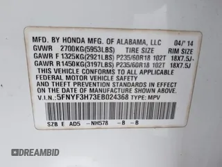 2014 Honda Pilot EX-L with VIN 5FNYF3H73EB024368, listed as a IAAI auction lot 41646002 with 157,336 mi miles and . Bid and sale history available at carsss.com. Image 9.