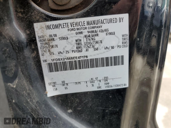 2008 Ford F-250 with VIN 1FDSX21568EE47176, listed as a Copart auction lot 54058325 with 169,671 mi miles and Salvage title. Bid and sale history available at DreamBid. Image 12.