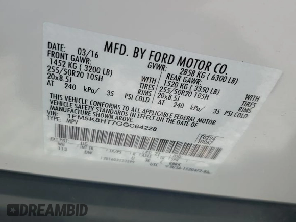 2016 Ford Explorer Platinum с VIN 1FM5K8HT7GGC64228, выставлен на аукционе Copart как лот 56554555 с пробегом 95 315 миль миль и Списание • Salvage title. История ставок и продаж доступна на DreamBid. Изображение 13.