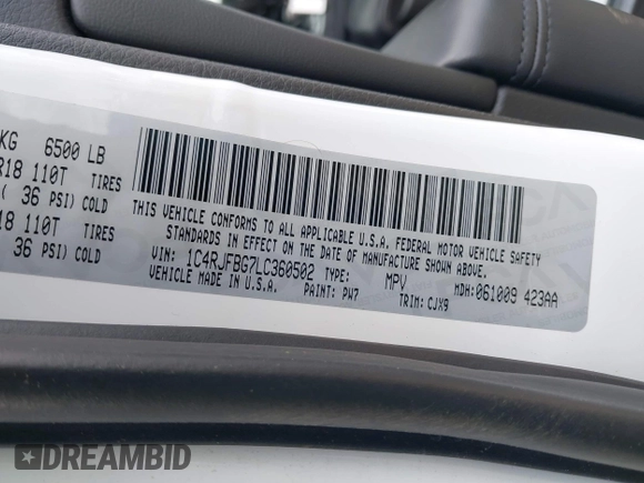 2020 Jeep Grand Cherokee Limited X with VIN 1C4RJFBG7LC360502, listed as a IAAI auction lot 42346324 with 60,607 mi miles and . Bid and sale history available at DreamBid. Image 9.