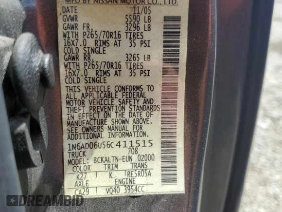 2006 Nissan Frontier SE with VIN 1N6AD06U56C411515, listed as a Copart auction lot 50495045 with 208,708 mi miles and Clean title. Bid and sale history available at DreamBid. Image 12.