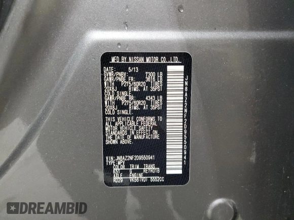 2013 Infiniti QX56 z VIN JN8AZ2NF2D9550941, wystawiony jako Copart lot #70451624 z przebiegiem Nie podano mil oraz Szkoda całkowita • Salvage title. Historia ofert i sprzedaży dostępna na DreamBid. Obrazek 13.
