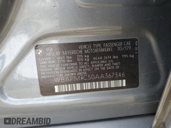 2010 BMW 3 Series 335i with VIN WBAPM7C50AA367346, listed as a Copart auction lot 50266965 with 121,205 mi miles and Salvage title. Bid and sale history available at DreamBid. Image 12.