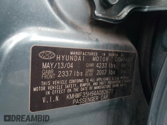 2004 Hyundai Sonata GLS with VIN KMHWF35H94A082671, listed as a Copart auction lot 82191124 with 76,275 mi miles and Salvage Title. Bid and sale history available at carsss.com. Image 12.