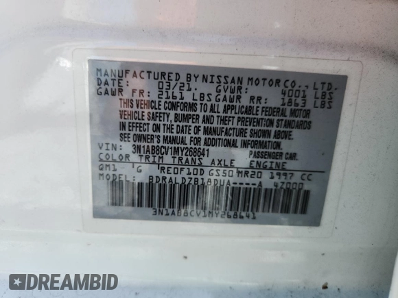 2021 Nissan Sentra SV with VIN 3N1AB8CV1MY268641, listed as a Copart auction lot 59091285 with 262,679 mi miles and Salvage title. Bid and sale history available at DreamBid. Image 12.