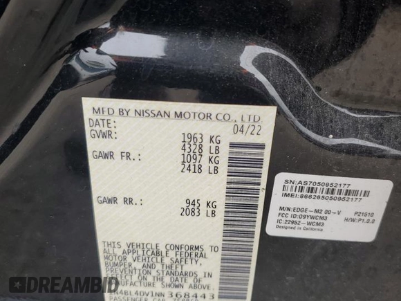 2022 Nissan Altima 2.5 SV with VIN 1N4BL4DV1NN368443, listed as a Copart auction lot 44312045 with 62,155 mi miles and Salvage Title. Bid and sale history available at carsss.com. Image 12.